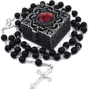Black Rosary Beads with Gothic Keepsake Box – Red Gemstone Accent